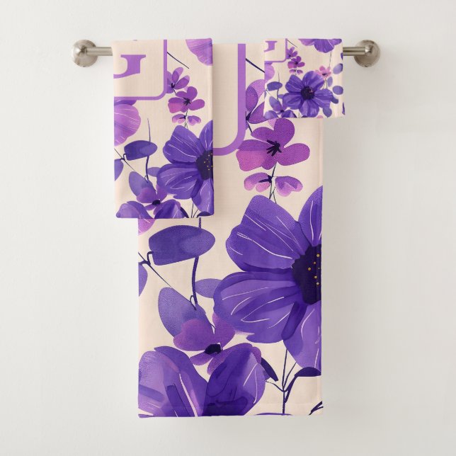 Personalisierte, violette Handblumen Badhandtuch Set (Insitu)