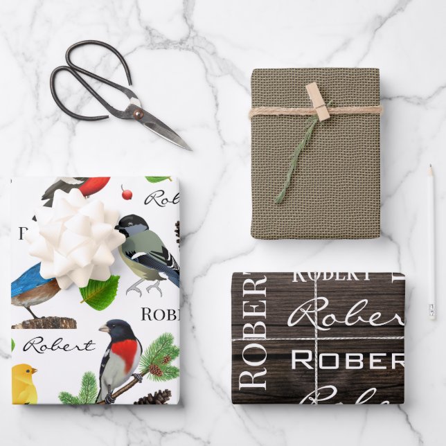 Personalisierte Vögel, Holz und Burlap Geschenkpapier Set (Vorderseite)