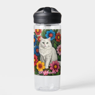 Personalisierte Volkskunst Katze und Blumen Trinkflasche