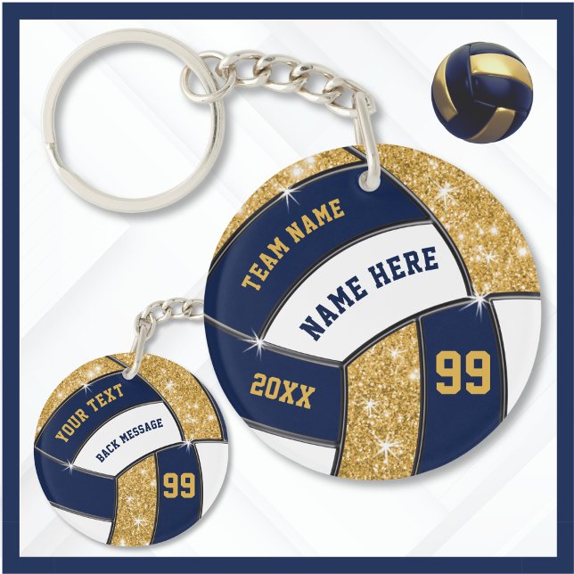 Personalisierte Volleyball-Schlüsselanhänger, 6 Te Schlüsselanhänger (Volleyball Team Gift Ideas for Girls Volleyball Team. Navy Blue, Gold and White, Volleyball Keychain)