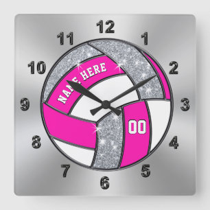 Personalisierte Volleyball-Uhr, Rosa, Weiß, Silbe Quadratische Wanduhr
