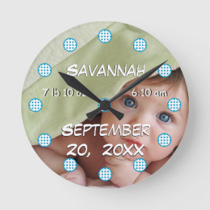 Personalisierte Wall-Clock-Babyboy-Statistiken Runde Wanduhr