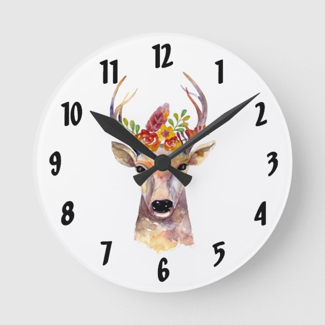 Personalisierte Wall-Clock-Boho Hirsche Buck Head  Runde Wanduhr (Vorderseite)