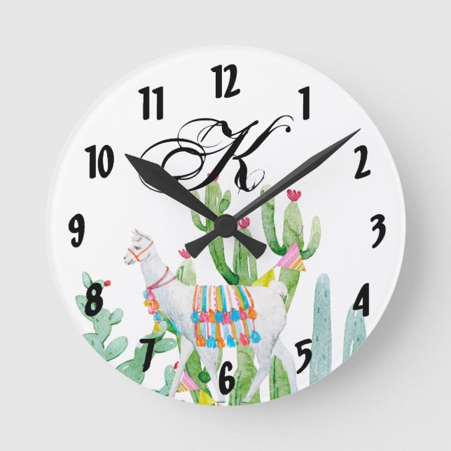 Personalisierte Wall-Uhr Boho Llama Bohemisch Cact Runde Wanduhr (Vorderseite)