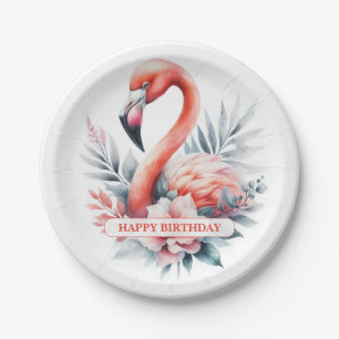 Personalisierte Wasserfarbe Flamingo Geburtstag Pappteller