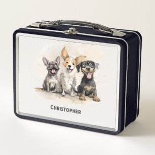 Personalisierte Wasserfarbe Jungen mit Hundewelpen Metall Brotdose
