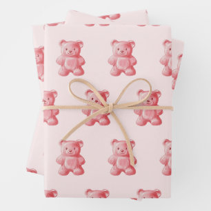 Personalisierte Wasserfarbe Niedlich rosa Gummibär Geschenkpapier Set