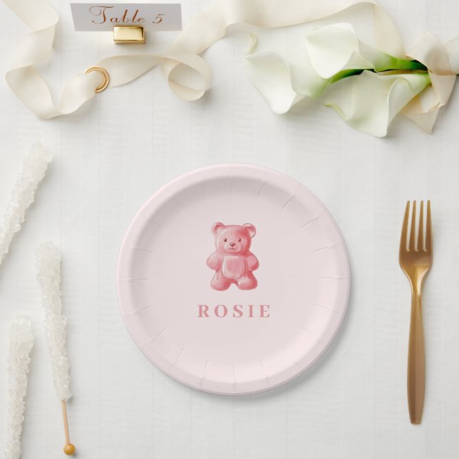 Personalisierte Wasserfarbe Niedlich rosa Gummibär Pappteller (Hochzeit)
