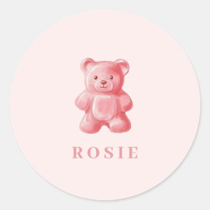 Personalisierte Wasserfarbe Niedlich rosa Gummibär Runder Aufkleber