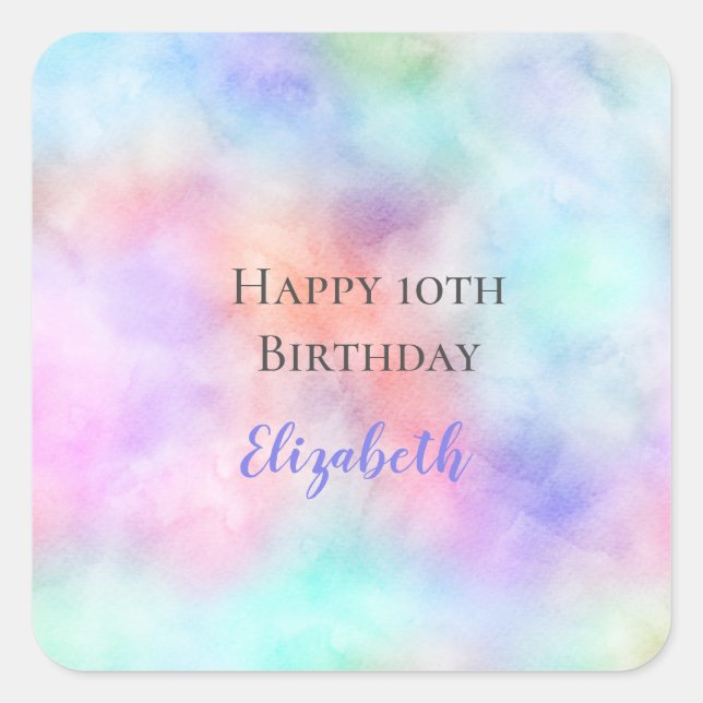Personalisierte Wasserfarbe Rainbow Pastel Geburts Quadratischer Aufkleber (Vorderseite)