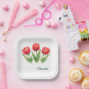 Personalisierte Wasserfarbe Rote Tulpen Pappteller