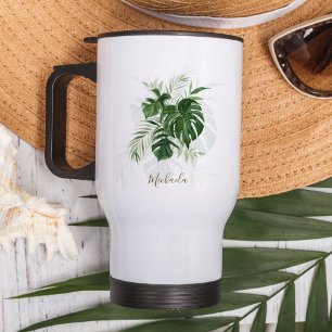 Personalisierte Wasserfarbe Tropenblätter Reisebecher