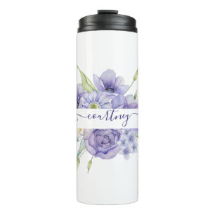 Personalisierte Wasserfarben-Blumen in Lila Thermosbecher