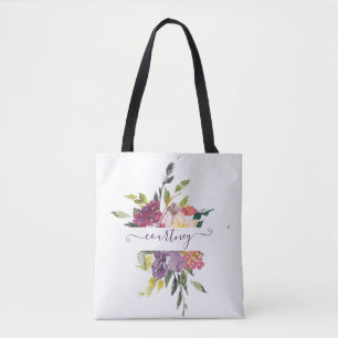 Personalisierte Wasserfarben-Blumen in Lila und Ro Tasche