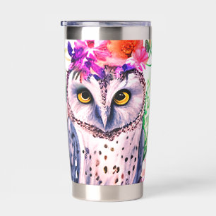 Personalisierte Wasserfarben-Eule mit Blumenmuster Thermobecher