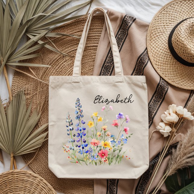 Personalisierte Wasserfarben-Wildblumentasche als  Tragetasche (Personalized watercolor wildflower tote bag gift for her, Custom floral tote bag for mom or grandma )