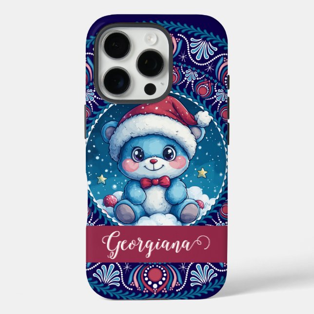 Personalisierte Weihnachten Kawaii Bear Dot Mandal iPhone 16 Pro Hülle (Rückseite)