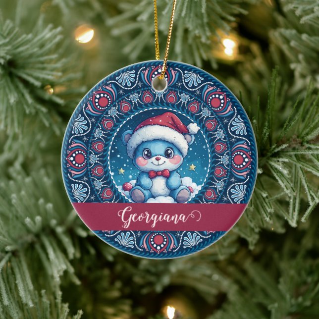 Personalisierte Weihnachten Kawaii Bear Dot Mandal Keramik Ornament (Baum)