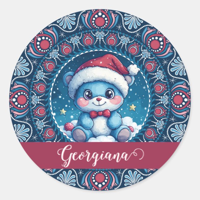 Personalisierte Weihnachten Kawaii Bear Dot Mandal Runder Aufkleber (Vorderseite)