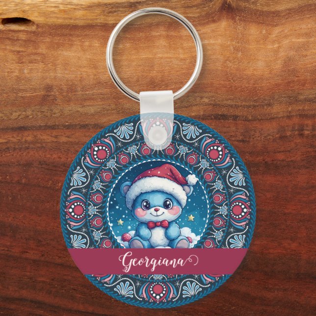 Personalisierte Weihnachten Kawaii Bear Dot Mandal Schlüsselanhänger (Vorderseite)