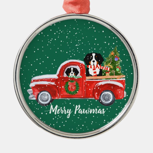 Personalisierte Weihnachts-Berner Hunde Red Truck Silbernes Ornament (Vorne)