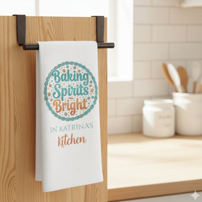 Personalisierte Weihnachts-Küchentücher Geschirrtuch (Celebrate the holiday this season with this fun personalized, "Baking Spirits Bright" kitchen towel!)