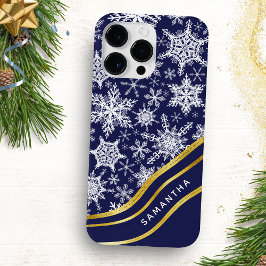 Personalisierte Weihnachts-Navy Blue-Gold-Schneefl Case-Mate iPhone Hülle