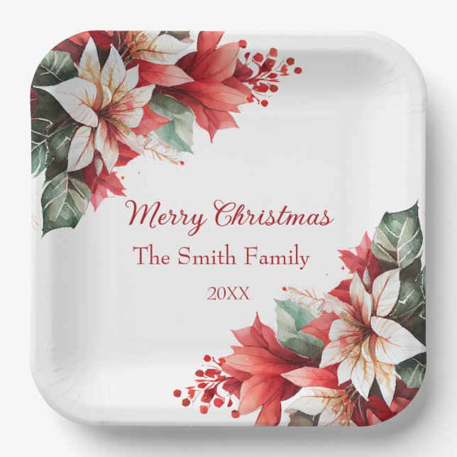 Personalisierte Weihnachts-Poinsettia-Blume Pappteller (Vorderseite)