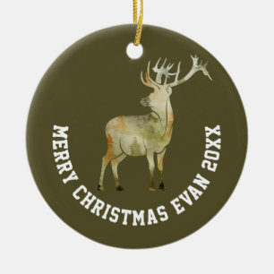 Personalisierte Weihnachts-Winterszene mit Hirsch- Keramik Ornament