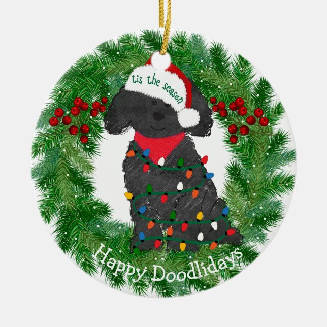 Personalisierte Weihnachtsbeleuchtung Labradoodle Keramikornament (Vorne)