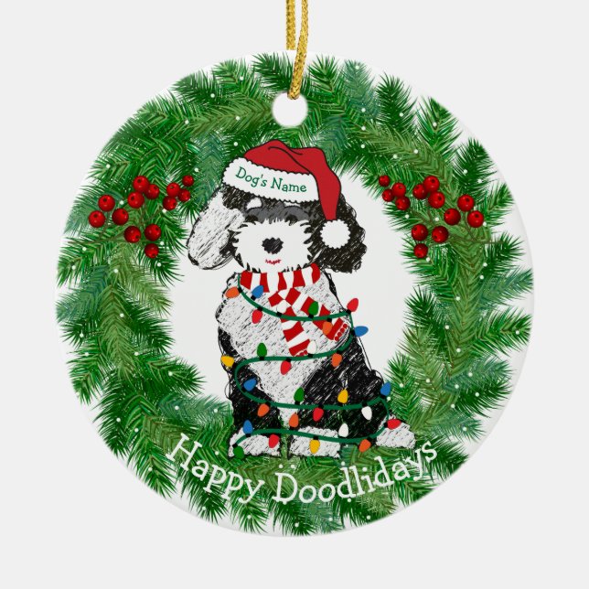 Personalisierte Weihnachtsbeleuchtung Sheepadoodle Keramik Ornament (Vorne)