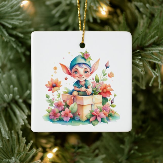 Personalisierte Weihnachtself-Aquarellbilder Keramikornament (Baum)