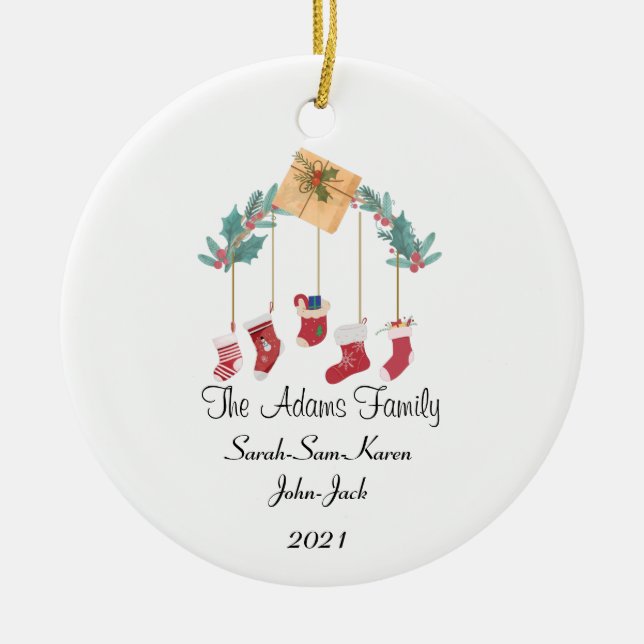 Personalisierte Weihnachtsfamilien-Strumpf Keramik Ornament (Vorne)