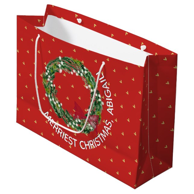 Personalisierte Weihnachtsfeier Goldene Herzen Große Geschenktüte (Vorderseite Schrägansicht)