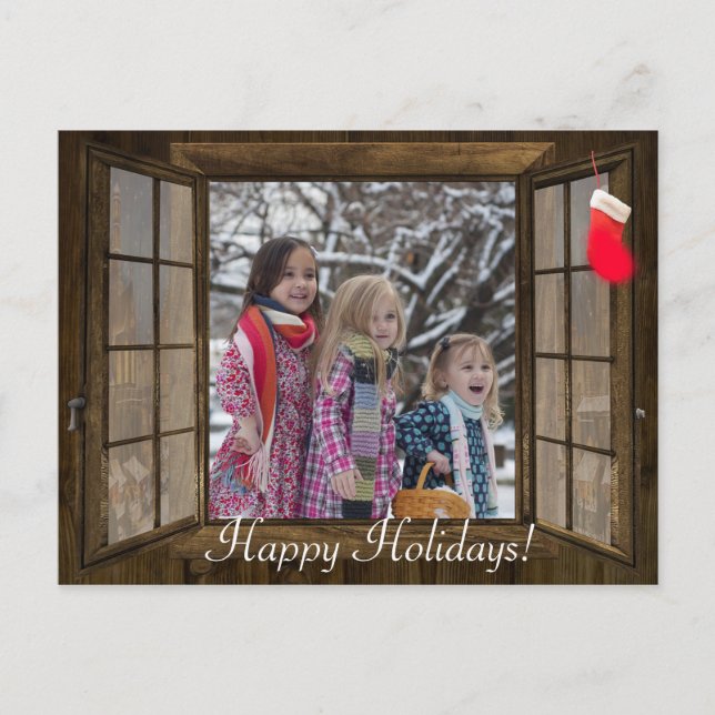 Personalisierte Weihnachtsfensterfamilie Fotokarte Feiertagspostkarte (Vorderseite)