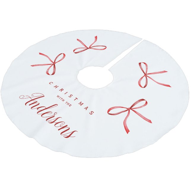 Personalisierte Weihnachtsferien - Rotes Band Polyester Weihnachtsbaumdecke (Schrägansicht)