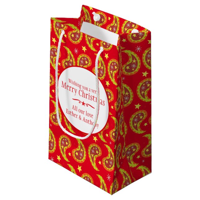 Personalisierte Weihnachtsgeschenktaschen aus rote Kleine Geschenktüte (Vorderseite Schrägansicht)