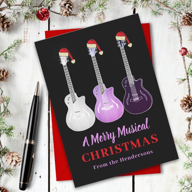 Personalisierte Weihnachtsgitarre Feiertagskarte (Personalized merry christmas guitars wearing Santa hats holiday card santa hat pink electric guitars)