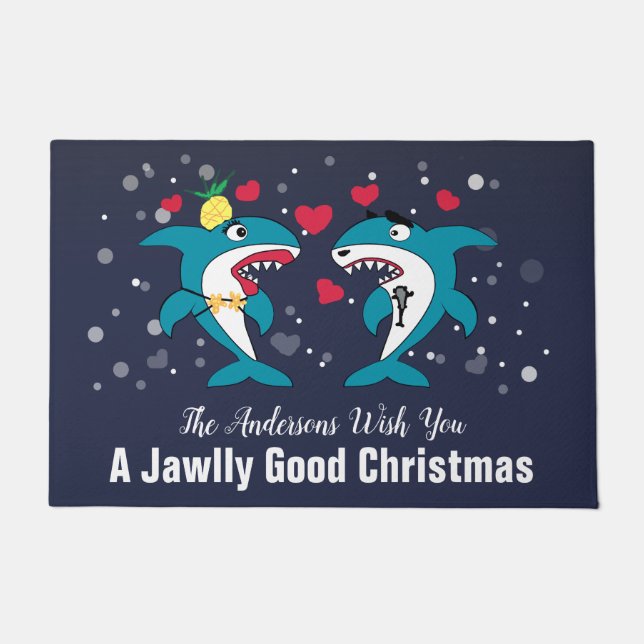 Personalisierte Weihnachtshaie Funny Family Fußmatte (Vorderseite)