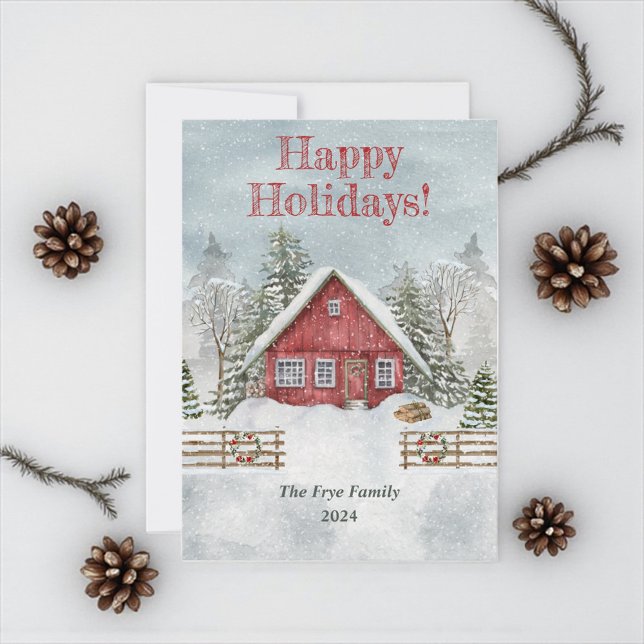 Personalisierte Weihnachtskarte Feiertagskarte (Happy holidays greeting cards with red winter cottage)