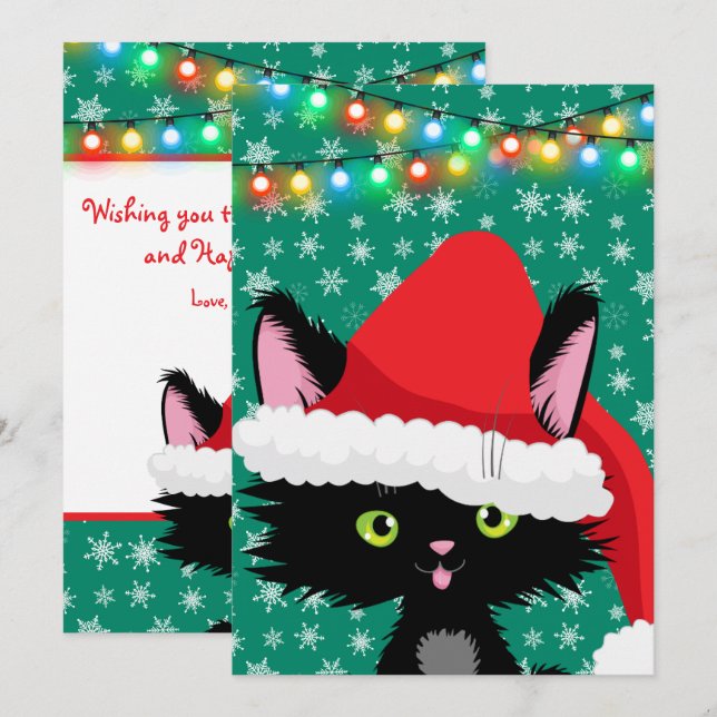 Personalisierte Weihnachtskatze mit Weihnachtsmann Karte (Vorne/Hinten)