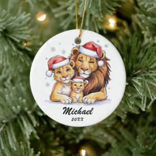 Personalisierte Weihnachtslöwenfamilie mit Santa-H Keramik Ornament
