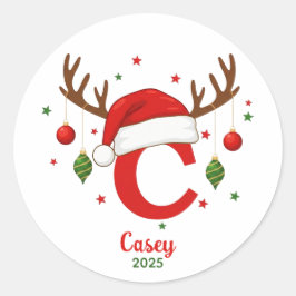 Personalisierte Weihnachtsmonogramm C Santa Hut Runder Aufkleber