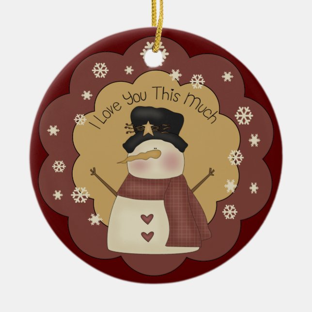 Personalisierte Weihnachtssnowman-Liebe-Verzierung Keramikornament (Vorne)