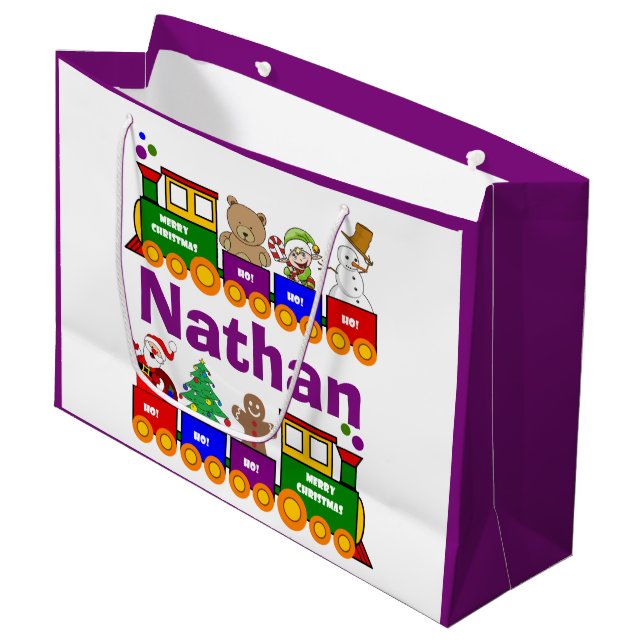 Personalisierte Weihnachtsspielzeugbahn Große Geschenktüte (Vorderseite Schrägansicht)