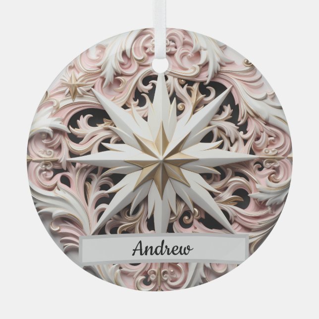 Personalisierte Weihnachtssterndekoration mit Rosa Ornament Aus Glas (Vorderseite)