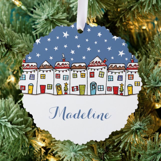 Personalisierte Weihnachtsstraße Schneeszene Ornament Karte (Insitu (Baum))