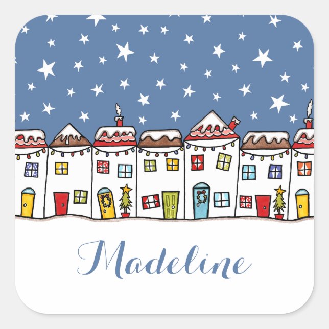 Personalisierte Weihnachtsstraße Schneeszene Quadratischer Aufkleber (Vorderseite)