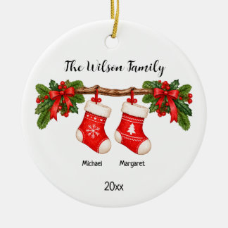 Personalisierte Weihnachtsstrümpfe für Paare mit 2 Keramik Ornament