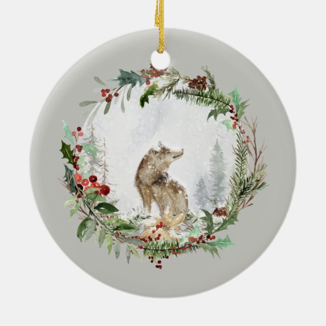 Personalisierte Weihnachtsszene mit Wolf Art Keramik Ornament (Hinten)